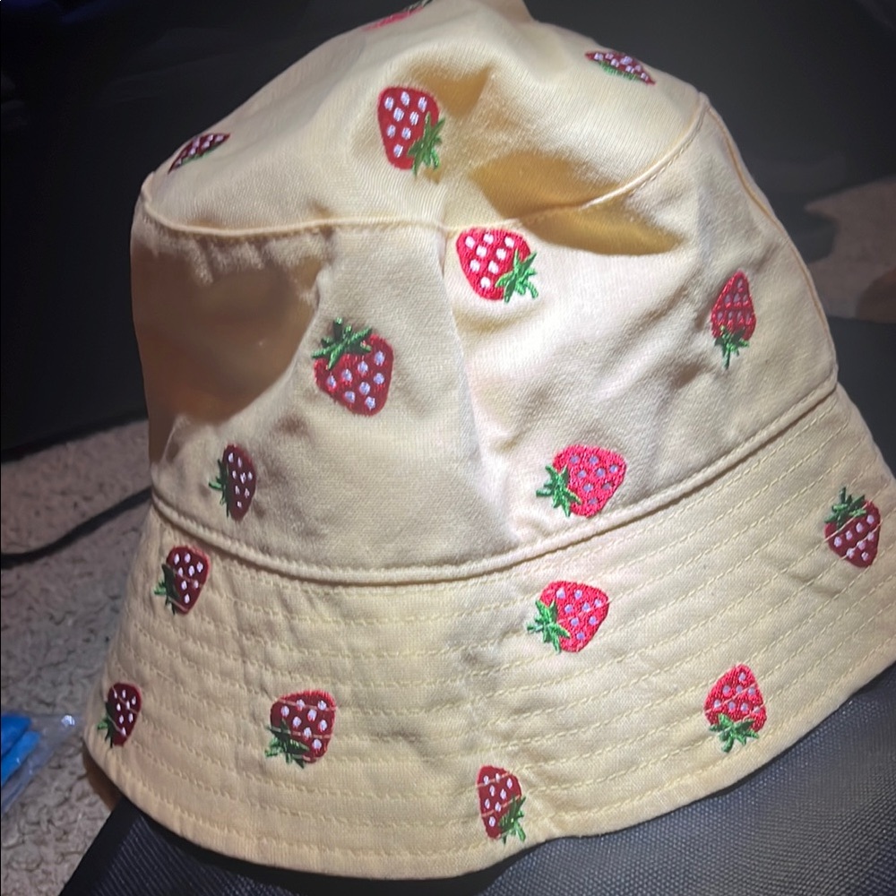 Strawberry Embroidered Yellow Bucket Hat